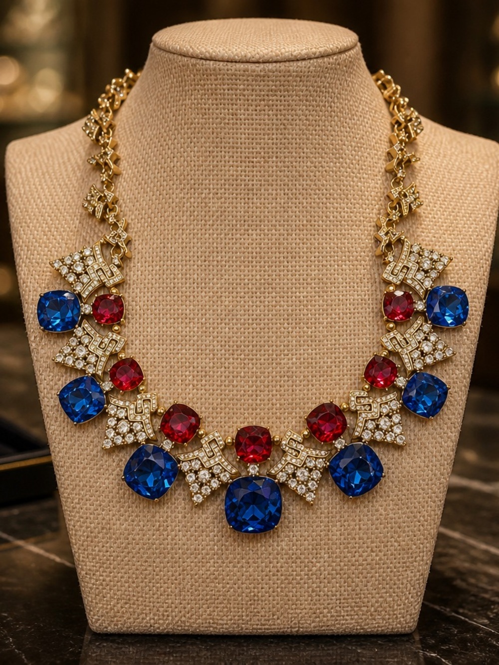 Catwalk Jon Signed Blue Red Rhinestone Statement Bib Necklace Runway Glam